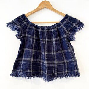 Lucky Brand Blue Plaid Woven Top Raw Hem Quilted Summer Casual Gauzy